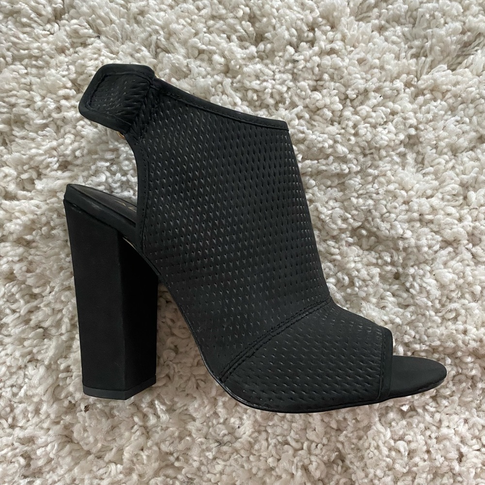 Aldo. Black suede open toe sling back bootie. 3” heel. Size 9. Never worn.